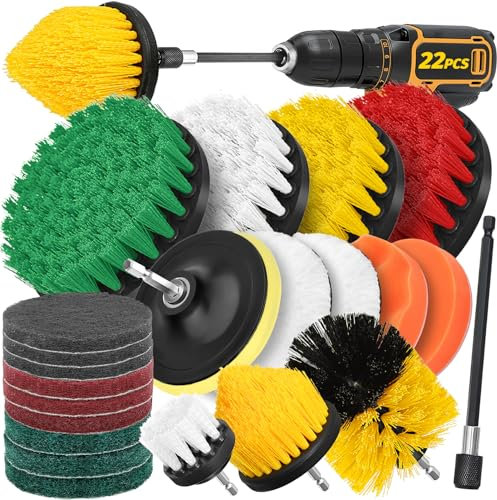 Aongray Drill Brush Attachment Set, 22pcs 1/4in Power Cleaning Brush with Scrub Pads + Extend Long Attachment, Scrubbing Brush for Cleaning Bathroom, Tile, Carpet, Grout, Car Wheels, Kitchen