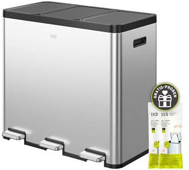EKO Essential 3-Compartment Rubbish Bin, 3 x 20 Litres, Waste Separation System, Kitchen Pedal Bin, Includes 20 Rubbish Bags, Large Capacity Waste Bin with Lid, Soft Close and Airtight, Brushed