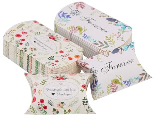 NAHUAA 50 Piezas Caja de Almohada Kraft Caja de Regalo de Papel Kraft, con Patrón de Flores-Hoja Verde, Cajitas Regalo Pequeñas para Cumpleaños-Comunion-Boda-Fiesta, 9x6.5 cm (A)