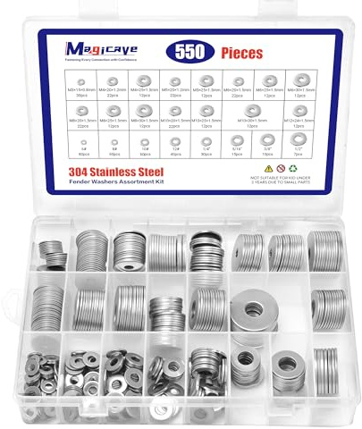 Fender Washers Assortment Kit, 550 Pcs SAE and Metric Flat Washers, 304 Stainless Steel Washers for Screws and Bolts (M3, M4, M5, M6, M8, M10, M12, #6, #8, #10, #12, 1/4, 5/16, 3/8, 1/2)
