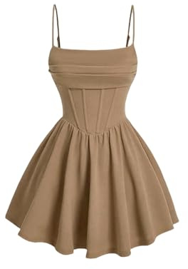 YIMAISZQ Damklänningar volang korsett klänning spaghetti-rem passar och utsvängd flödande skater mini cami-klänning khaki
