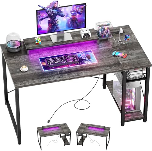 iSunirm Scrivania Gaming con Supporto per Monitor e Ripiano di Stoccaggio,Scrivania Computer con 2 Prese e 2 Porte USB,Scrivanie Moderne per Ufficio e Studio,100x50x75cm,Quercia Grigia