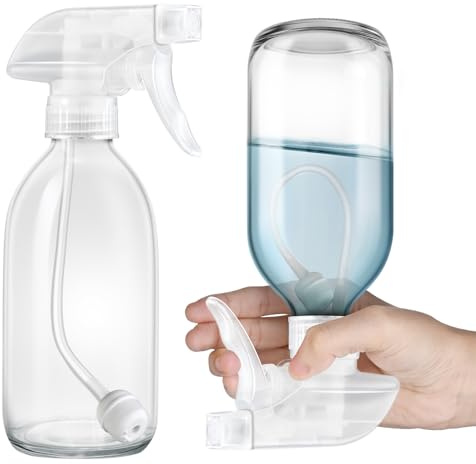 Tecohouse Glass Spray Bottles 8oz, 2 Pack 360° Glass Spray Bottle for Cleaning Upside Down Mister Squirt Bottle with Adjustable Nozzle for Hair, Plants, Pet Clear White Nozzles