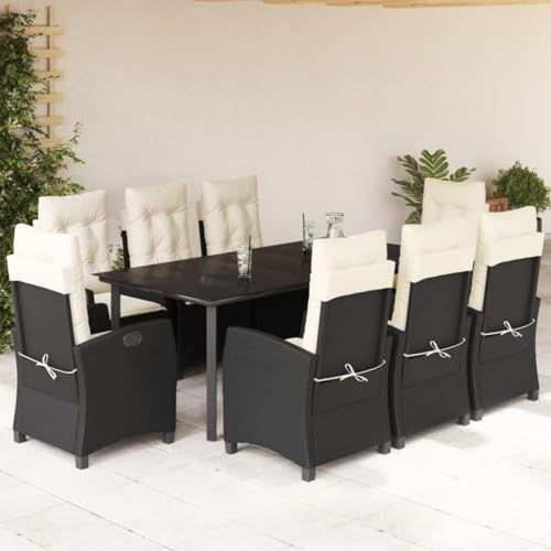 9-TLG. Gruppo da giardino in polyrattan nero, con sedie regolabili, cuscino in vetro, per terrazza, balcone, giardino