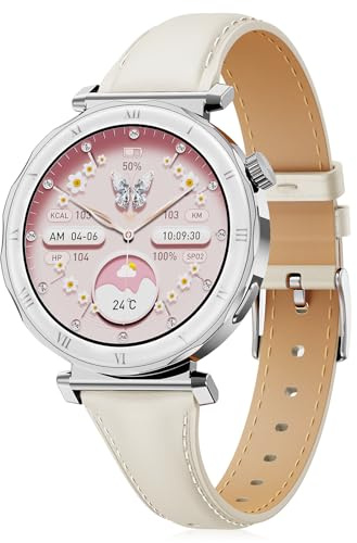 BOALZETD Smartwatch dam – elegans i liten med 1,19 tums AMOLED-skärm och smalt läderarmband, fitnessklocka med stegräknare, sportlägen, puls/spo2/sömnmonitor för iOS/Android, silver/polarstjärna