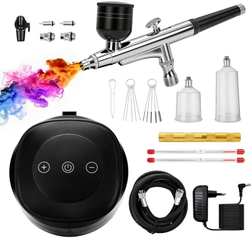 Kit De Aerógrafo Profesional Con Compresor, Pistola Pintura Ajustable (Hasta 48 Psi), Boquillas De Precisión (0.3/0.5mm), Ideal Para Modelismo, Maquillaje, Uñas, Decoración De Pasteles Y Arte DIY
