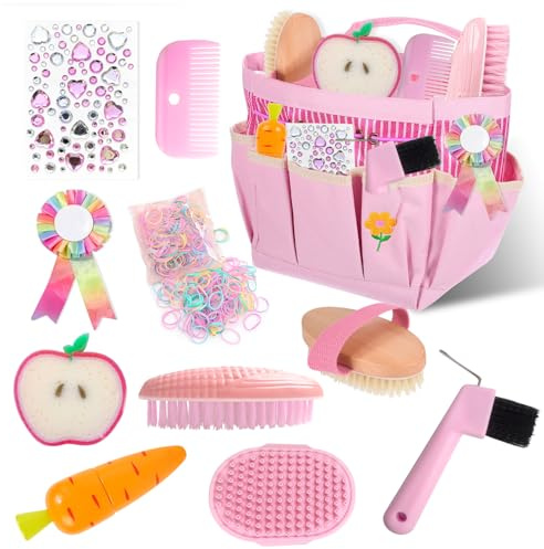 Caja de limpieza para caballos y niños, set de cuidado de caballos con cepillo de masaje, peine para ratones, raspador de pezuñas, esponja para caballos, color rosa para niñas, regalo para niños a