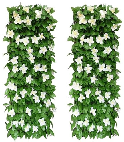 2 pantallas de privacidad expandibles para valla de 79 x 7 pulgadas, hiedra artificial con flor, paneles de celosía de madera para exteriores, balcón, patio, porche, patio trasero, valla de privacida