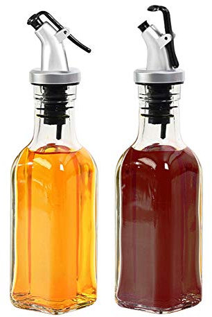 Oil and Vinegar Dispensers - 175ml Oil Dispenser Glass Bottle for Cooking Container Spout Oil Dispenser Bottle for Dining Table Set of 2 with Lever Release Pourer