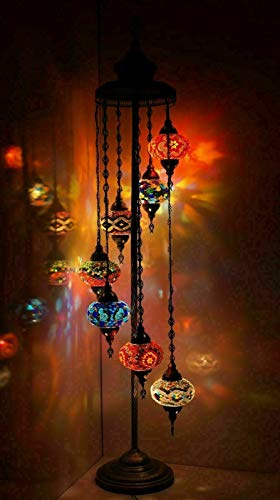 ENVA Turkish Moroccan Mosaic Floor Lamp Light, Handmade Glass Mosaic Multicolour Tiffany Floor Lamp Light 7 Large Globe-with LED Bulb
