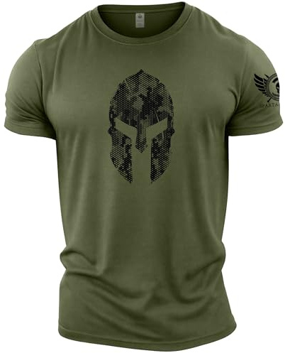 GYMTIER Spartan Forged - Spartan Helmet Hex Camo - Men's Gym T-Shirt Bodybuilding Training Workout Lifting Top Clothing, Green, M