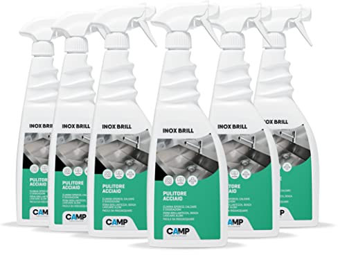 CAMP INOX BRILL, Pulitore lucidante e protettivo per superfici in acciaio lucido e satinato, Anticalcare, Gradevolmente profumato, pack 6x750ml
