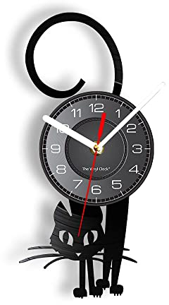 Smotly Katze Wanduhr, 30 cm x 30 cm, schwarzes Vinyl, leises Quarzwerk, Wandhalterung, Geschenk für Tierliebhaber