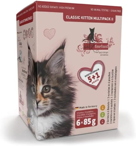 catz finefood Kitten Multipack I cibo umido per gatti – Cibo umido per giovani gatti senza cereali e zucchero ad alta percentuale di carne (6 sacchetti da 85 g)