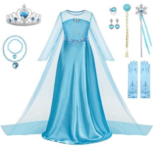 WIOLETA Costume d'Elsa pour fille, robe Elsa, robe de princesse pour fille avec couronne, baguette magique, tresse artificielle, boucles d'oreilles, bague, collier, bracelet, gants