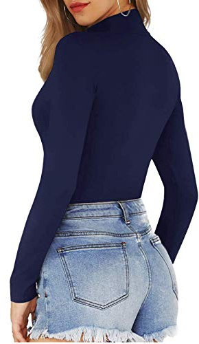 Body sexy para mujer, con cremallera frontal, cuello simulado, manga larga, camisas, mono de danza, mono para mujer (A-azul marino, S)