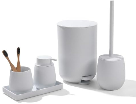 AJEUNGAIN Badset Badezimmer Set Weiß, Modern Badausstattung Sets Organizer, Bad Set Mülleimer Klobürste Seifenspender und Zahnputzbecher Tablett (Weiß-5 Teiliges)