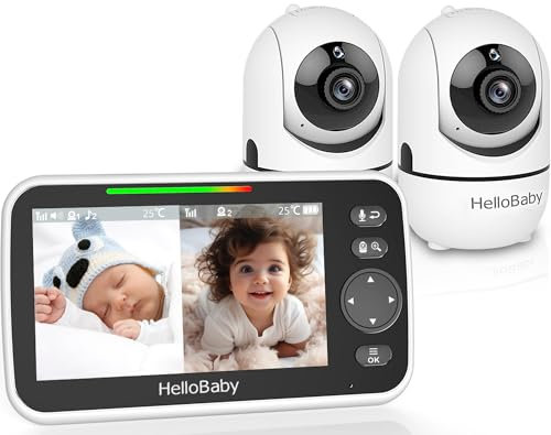 HelloBaby Babyphone mit 2 Kameras, 3500 mAh Akku, 5 Geteilter Bildschirm, 355°/120° Schwenken-Neige Babyphone, Kein WLAN, ECO, 2 Wege Audio, Nachtsicht, 8 Schlaflieder