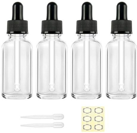 Apstaqeoo 4 st 50 ml droppflaskor i glas – tomma påfyllningsbara provflaskor med pipett för eterisk olja, aromaterapi, parfym, laboratorium – svart lock