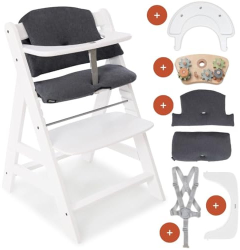 hauck Kinder Hochstuhl Alpha+ inkl. Play Tray Basis, Spielaufsatz Play Repairing & Sitzpolster - Mitwachsender Babystuhl aus Holz, Kinderhochstuhl ab 6 Monate, verstellbar - Weiß