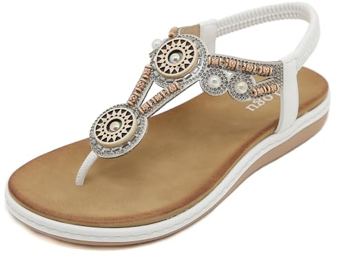FOGOIN Sandales Femme Plage Tong Bohème Chaussures Plate Été | Elégante, Sandalette Nu-Pieds, Tongs De Plage, Légères, Semelle Antidérapante