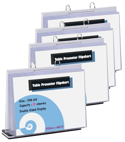 TUKA-i-AKUT 4-serien A4 liggande bords-popdiagram av akryl med bas, 12 fodral per T-form skrivbord flip chart, dubbelsidigt presentation flipchart, uppställningsringbok, bordsstativ A4 quer,