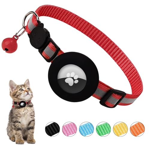 Ledeak Collar Gato Antiahogo Reflectante Compatible GPS Airtag, Con Cascabeles y Hebilla Segura para Gatitos y Cachorros (Rojo)