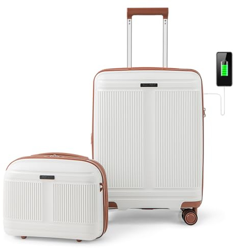 COSTWAY 2-Piece Cabin Luggage Set, Lightweight 20 Inch Carry-on Suitcase with 14” Cosmetic Case, TSA Lock, USB Port & Spinner Wheels, Airline Approved Expandable Trolley Luggage Travel Case (White)
