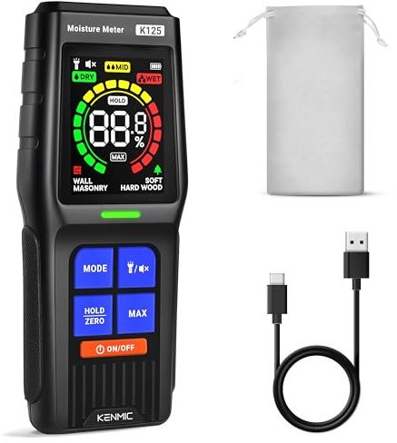 KENMIC Medidor Humedad Pared, Medidor de Humedad Sin Pin con Pantalla LCD, Alarma Sonora, Detector no Destructivo para Madera, Yeso y Mampostería, 4 Modos, Detección Hasta 19 mm de Profundidad