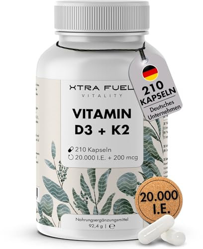 Vitamina D3 K2 capsule 20000 UI + vitamina K2 MK7 200 mcg per capsula - 210 capsule (alto dosaggio) - senza additivi - testato, vegano e senza additivi