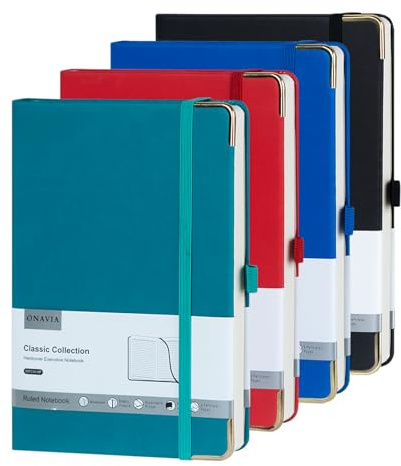 ONAVIA A5 Notebook Hardback, Lined Journal, 160 Pages, 100 GSM, 4 Packs | 14 x 21 cm, 80 Sheets, A5 Lined Notebook, Leather Journal, Lay Flat, Inner Pocket, for Work, Office, Note Taking, Business