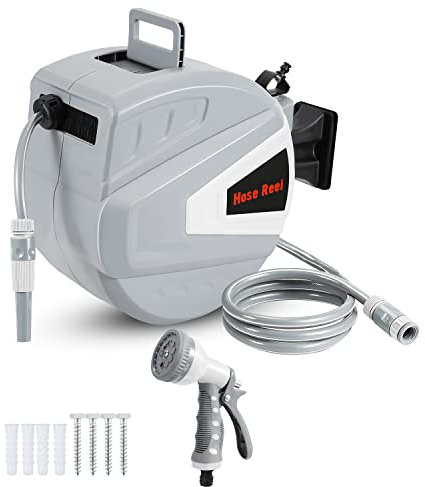 Hebitod Enrouleur de tuyau 30m+2m avec douchette et tuyau d'arrosage, enrouleur de tuyau à enroulement automatique, support pivotant à 180°, blocage de toute longueur, boîtier de tuyau mural (gris)