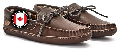Stylish Moccasin Slippers men, Leather House Loafers, Made in Canada | Plaid Insole Lining, Soft Leather Sole for All-Day Comfort, Handcrafted and Durable, Indoor Mens slippers, High Quality