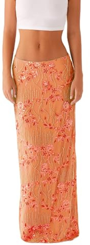 FeMereina Women Y2K Sequin Long Skirt Sparkle Rhinestone Floral Maxi Skirt High Waist Glitter Midi Skirt Going Out