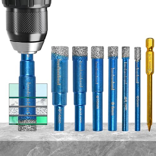 Huucozn 7 Pezzi Punte Trapano Diamantate Gres Porcellanato 5/6/8/10/12/14mm con 6mm Punte in Metallo Duro Set di Punte Diamantate a Secco per Granito Marmo Porcellana Piastrelle Ceramica