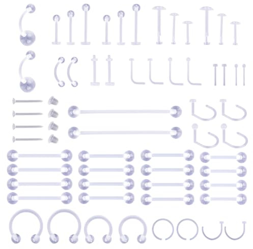 Penitue 60pz Trasparenti Retainers Piercing per Chirurgia, Gioielli Piercing Plastica per Lavoro Invisibile Capezzolo Labbro Sopracciglio Pancia Cartilagine Ritenzione Orecchino Anelli Setto Nasale