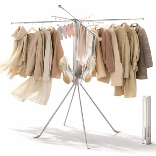 CHAHUANV Four-Legged Clothes Drying Rack, Foldable & Collapsible Laundry Drying Rack, Drying Rack Clothing with Sock Clips & 4 Shoe Holders, Space-Saving Rack for Indoor and Outdoor Use