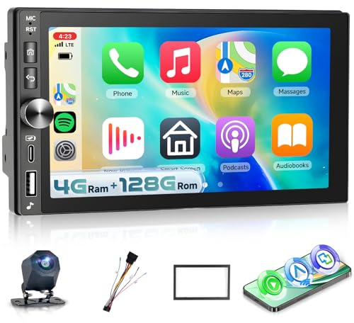 Hodozzy Bilradio trådlös Carplay 2 Din med USB Type-C, 4G 128G 7 tums Incell-skärm, Android bilradio Bluetooth med Android Auto/DSP/WiFi/RDS/FM/SWC/backkamera
