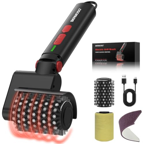 Spazzola Elettrica per Barbecue, Pulitore Ricaricabile via USB con 3 Velocità e 3 Testine, Autonomia di Oltre 150 Minuti, Impermeabile e Resistente al Calore, Spazzola Rotante Senza Fili per Griglie