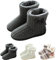 GURGER Hausstiefel Damen Plüsch Hausschuhe Hohe Hüttenschuhe Gefüttert Warm Winter Pantoffeln Strick Slipper Feste Sohle für Frauen Grau Gr. 37 38