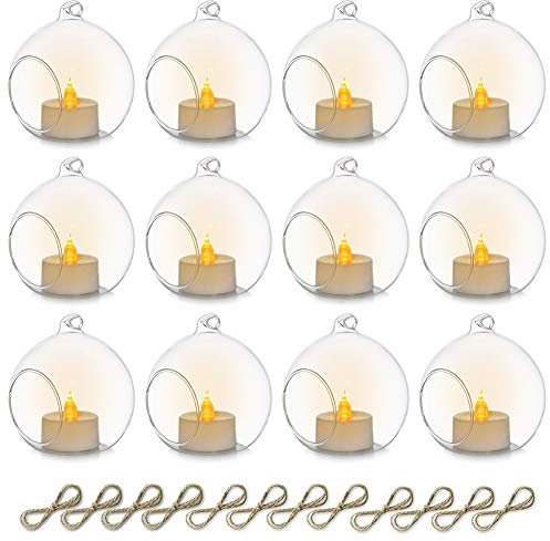 Sziqiqi 8cm Windlicht Hängend Glas Teelichter Halter 12 Stücke Kerzenleuchter Glasanhänger mit LED Kerze, Hängende Glasball Kerzenhalter Kerzenständer für Hochzeits Party Tisch Weihnachts Garten Deko