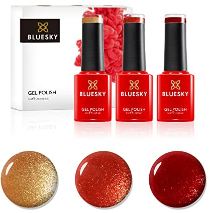 Bluesky Gel Nail Polishes, Burnt Crystals, Red Glimmer A001, Frosty Gold JQ09, Orange Flame SJ19, 3 x 5ml, Red, Gold Orange (Requires Curing Under UV LED Lamp)