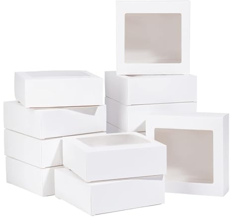 BENECREAT 16-pack 14 x 14 x 5 cm genomskinliga PVC fyrkantiga fönsterpresentaskar, vita kraftpapper presentlådor för bröllopspresent, choklad, kakor och andra små hantverk