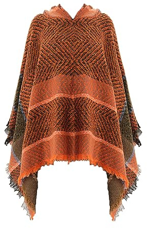 JFAN Poncho Donna Invernale con Cappuccio Mantella Scialle Elegante con Frange Poncho Mantelle Fatti a Maglia Donna(Arancione,Taglia Unica)