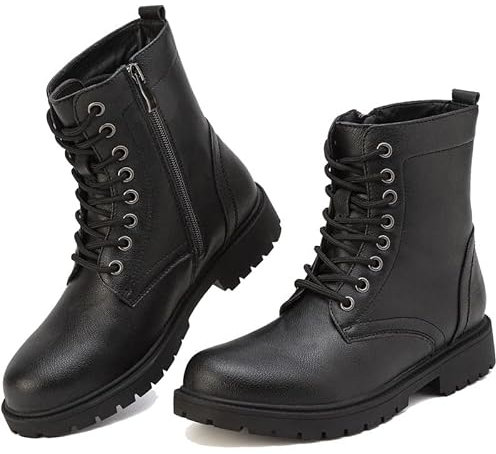 Boots for Women Waterproof Ladies Black Walking Ankle Boots Work Lace Up Side Zipper Womens Black Platform Leather Walking Booties