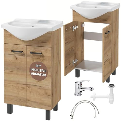 Domodomo - Mueble de baño con lavabo, 85 x 50 x 41 cm, armario de pie para baño con cajón y armario inferior, elegante juego con lavabo de cerámica