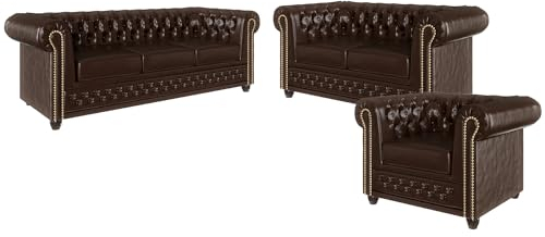 S-Style Möbel George Sofagarnitur 3 2 1 Polstergarnitur Chesterfield-Couchgarnitur Couch-Set für Wohnzimmer 3-Sitzer Sofa Mit Schlaffunktion 203x86x72cm 2-Sitzer Sofa 148x86x72cm Sessel 94x86x72cm