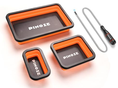 PINOZE Bandejas organizadoras de piezas magnéticas plegables y herramienta de recogida magnética flexible de 12 pulgadas, 3 bandejas magnéticas de diferentes tamaños y barredora de recogida para