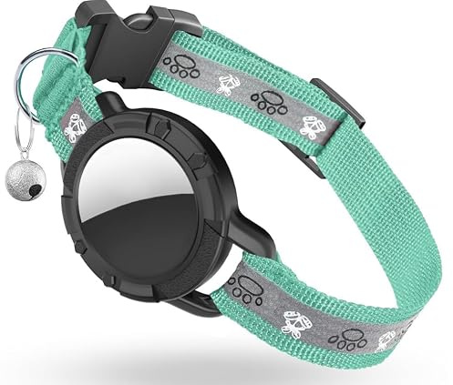 Reflective AirTag Cat Collar, Integrated Cat Tracker Collar with Air Tag Holder and Bell, Safety Elastic Band Cat GPS Collars for Girl Boy Cats, Kittens and Puppies (Green,S)