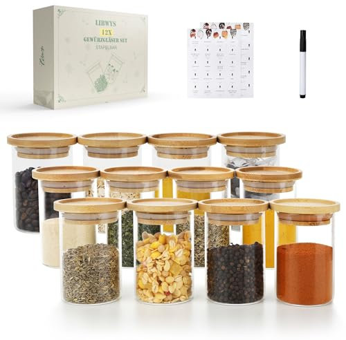 LIBWYS Lot de 12 pots à épices empilables ronds avec couvercles en bambou - 180 ml - 120 étiquettes - Récipients à épices en verre borosilicate pour épices, sucre